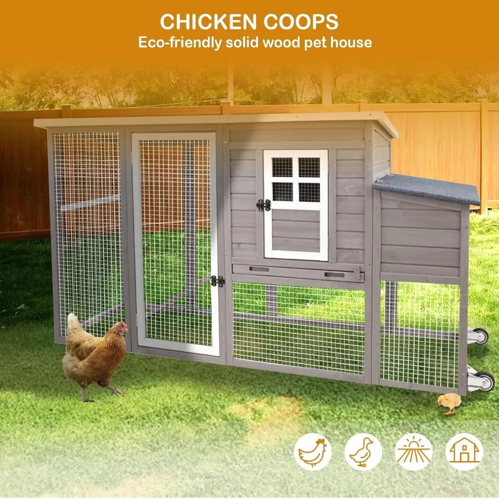 Chicken Coop Solid Wood with Large Run Cage 2 Stories Asphalt Roof Nest Box Pu Wheels Perch