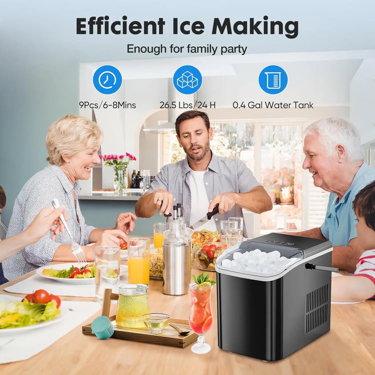 Portable Countertop Ice Machine Maker with Handle, Bullet Ice, 9 Cubes in 6 Mins, 26.5lbs/24Hrs, Black