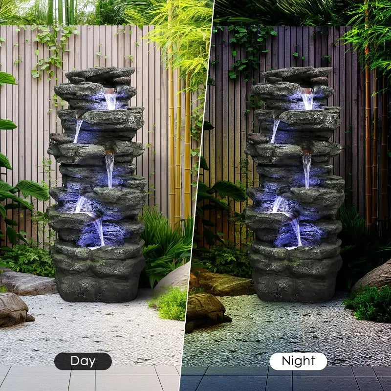 SunJet 40"High 6-Tiers Cascading Rock Outdoor Water Fountain with LED Lights-Large Outdoor Fountains and Waterfalls Garden Patio