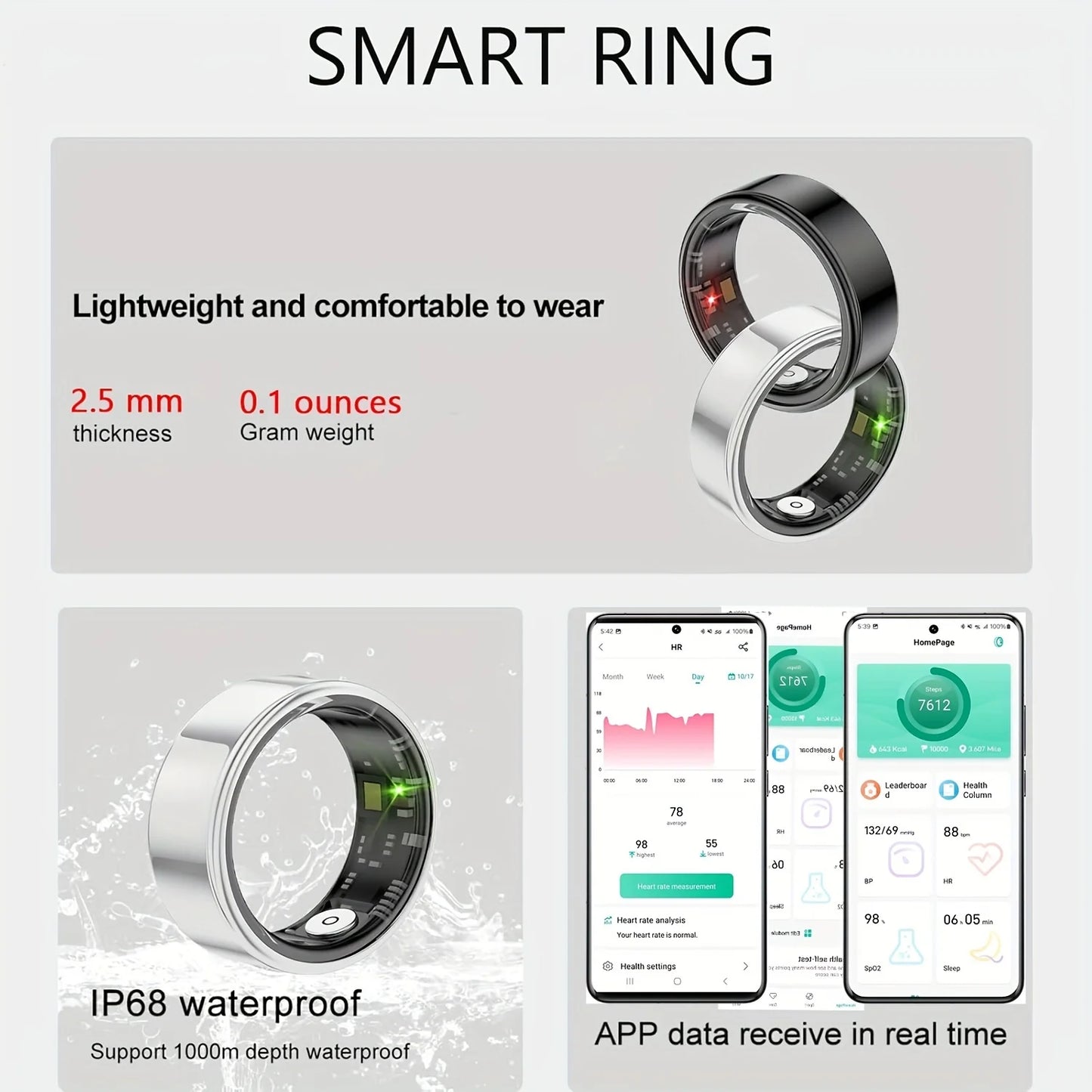 Smart Ring Sleep Tracking Motion Monitoring Compatible with iPhone and Android Smart Gift for Women and Men