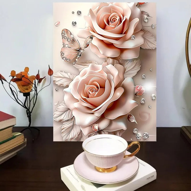 Dream Pink Rose Butterfly Diamond Canvas Wood Wall Art Decor