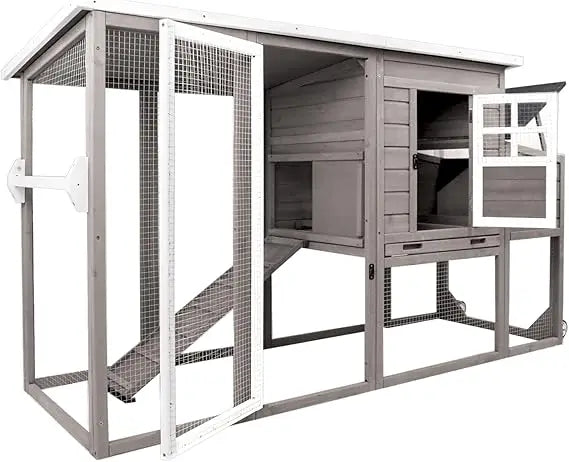 Chicken Coop Solid Wood with Large Run Cage 2 Stories Asphalt Roof Nest Box Pu Wheels Perch